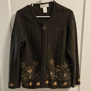 Susan Bristol Charcoal Zip Up Wool Cardigan with Gold Hand Embroidery. Size L.